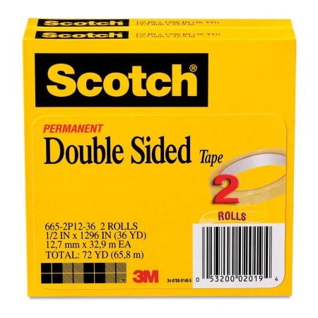 3M Scotch 665 Double-Sided Tape, 1/2" x 1296", 3" Core, Transparent, 2/Pack 6652P1236